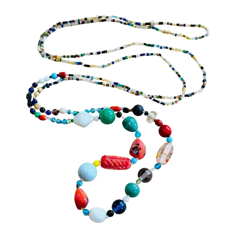 VTG BOHO Necklace Colorful Murano‎ Art Glass Beaded Statement Flapper Victorian